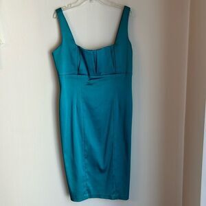 Calvin Klein Women jewel tone aqua satin midi knee length square neck dress 10!